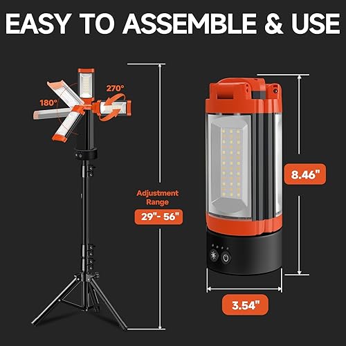Miniatura 6 de Luz de campamento recargable con soporte de 6.5 pies de altura máxima, luz de trabajo inalámbrica de 9000 mAh con 3 cabezales de lámpara LED, 2200