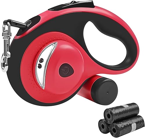 Correa retráctil para perro con luz, correas de 26 pies con bolsa para excrementos y soporte, un botón de rotura y bloqueo, sin enredos de 360,