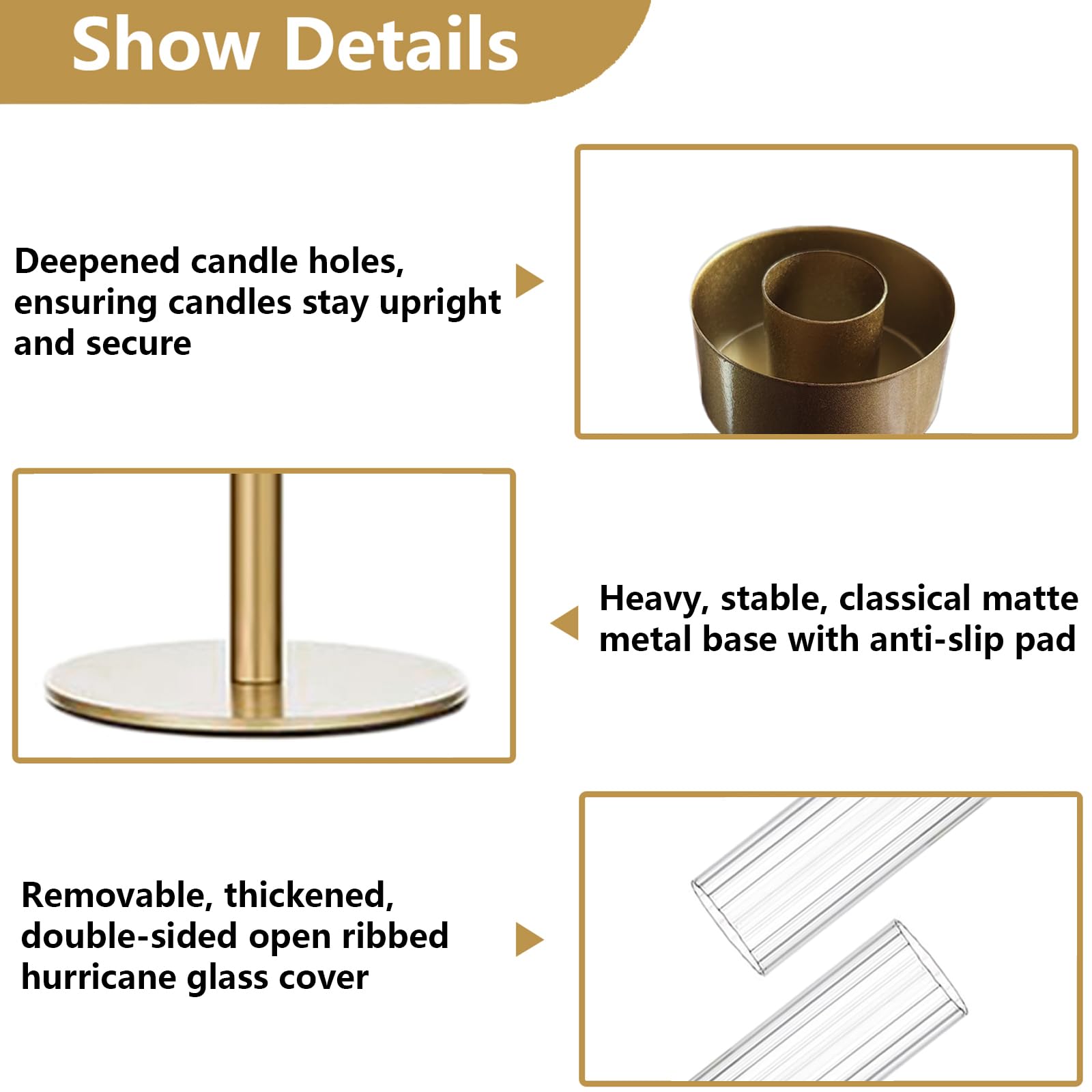 Portavelas dorado Hurricane – Juego de 12 portavelas de latón cónico alto de vidrio estriado, decoración para bodas, fiestas, centros de mesa, mesa de comedor, mantel de Navidad