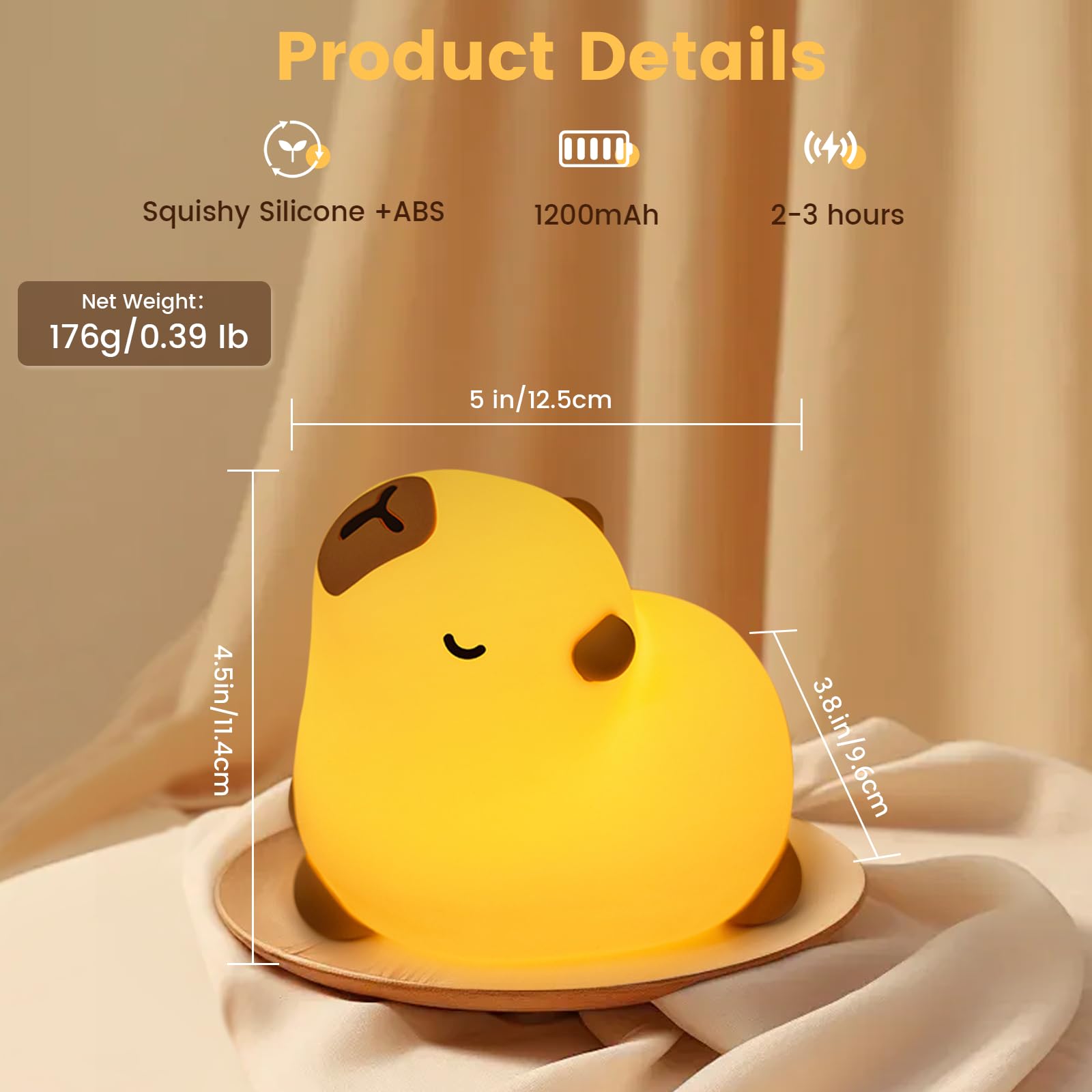 yokye Capybara Night Light, Cute LED Silicone Squishy Lamp, USB Rechargeable & 3-Level Dimmable - Image 4