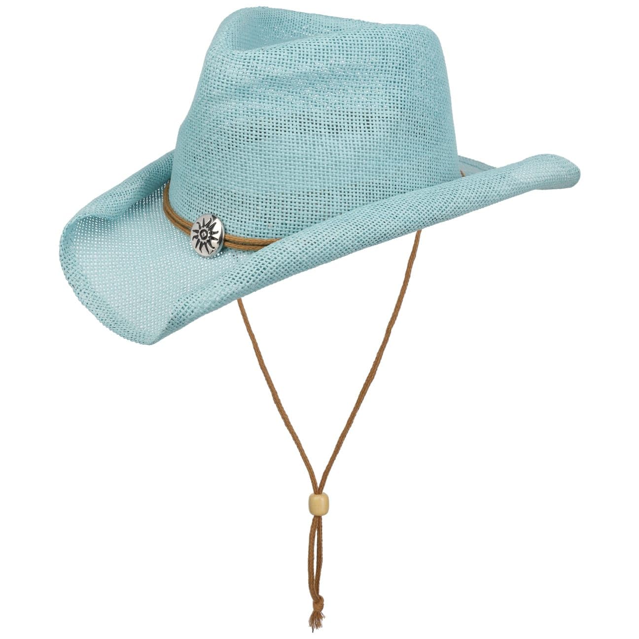Lipodo Vescadosa Western Paper Straw Cowboy Hat Adjustable Chin Strap Unisex Summer Light Blue