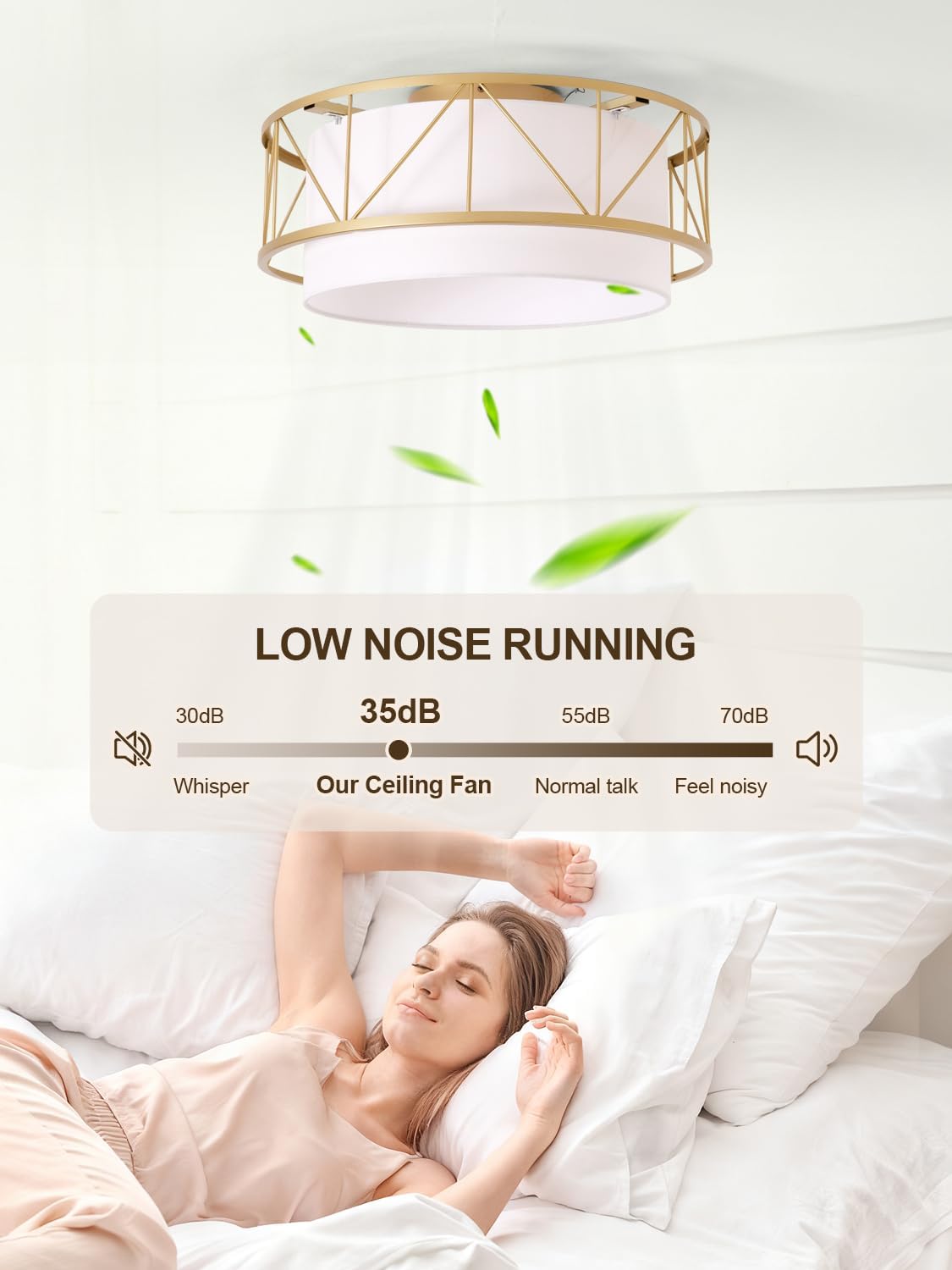 Gold Fandelier Ceiling Fan with Light, 20" Flush Mount Boho Ceiling Fans with Lights Remote Control, Low Profile Drum Fabric with 6 Speeds for Bedroom,Nursery,Living Room