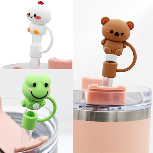 Miniatura 6 de Fundas de paja de flores, adecuadas para tazas Stanley, 4 flores, 2 dibujos animados, decoración de patrón lindo, reutilizable, a prueba de polvo,