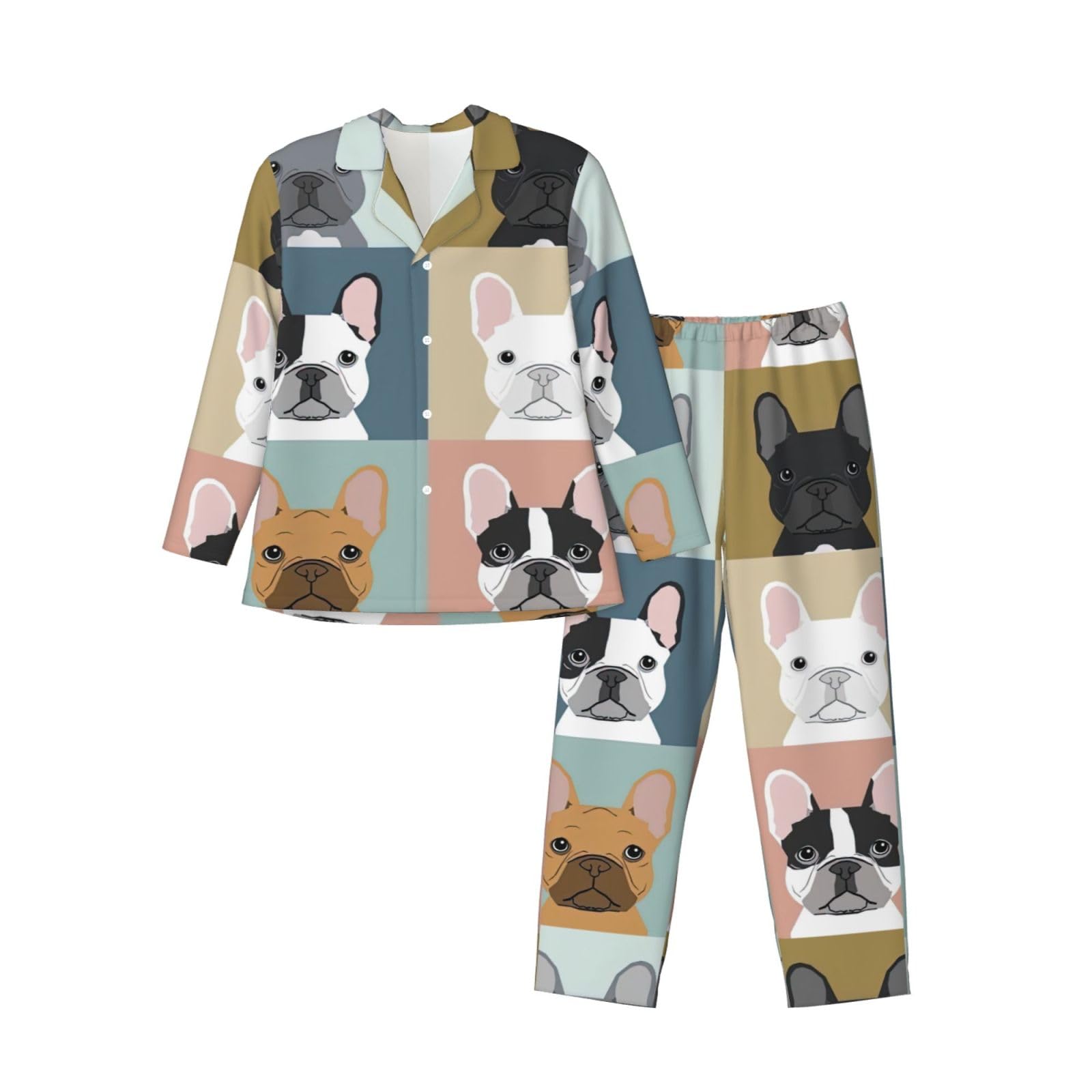LimPac French Bulldog Print Men'S Pajamas Sleepwear Set, Soft Long Sleeve Button Dow Loungewear With Pockets, Black, XXL
