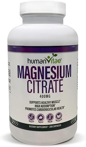 Premium Magnesium Citrate 400mg by Human Vitae - 200 Capsules, Non-GMO, Gluten-Free, Relax Muscles, Support Bone Health