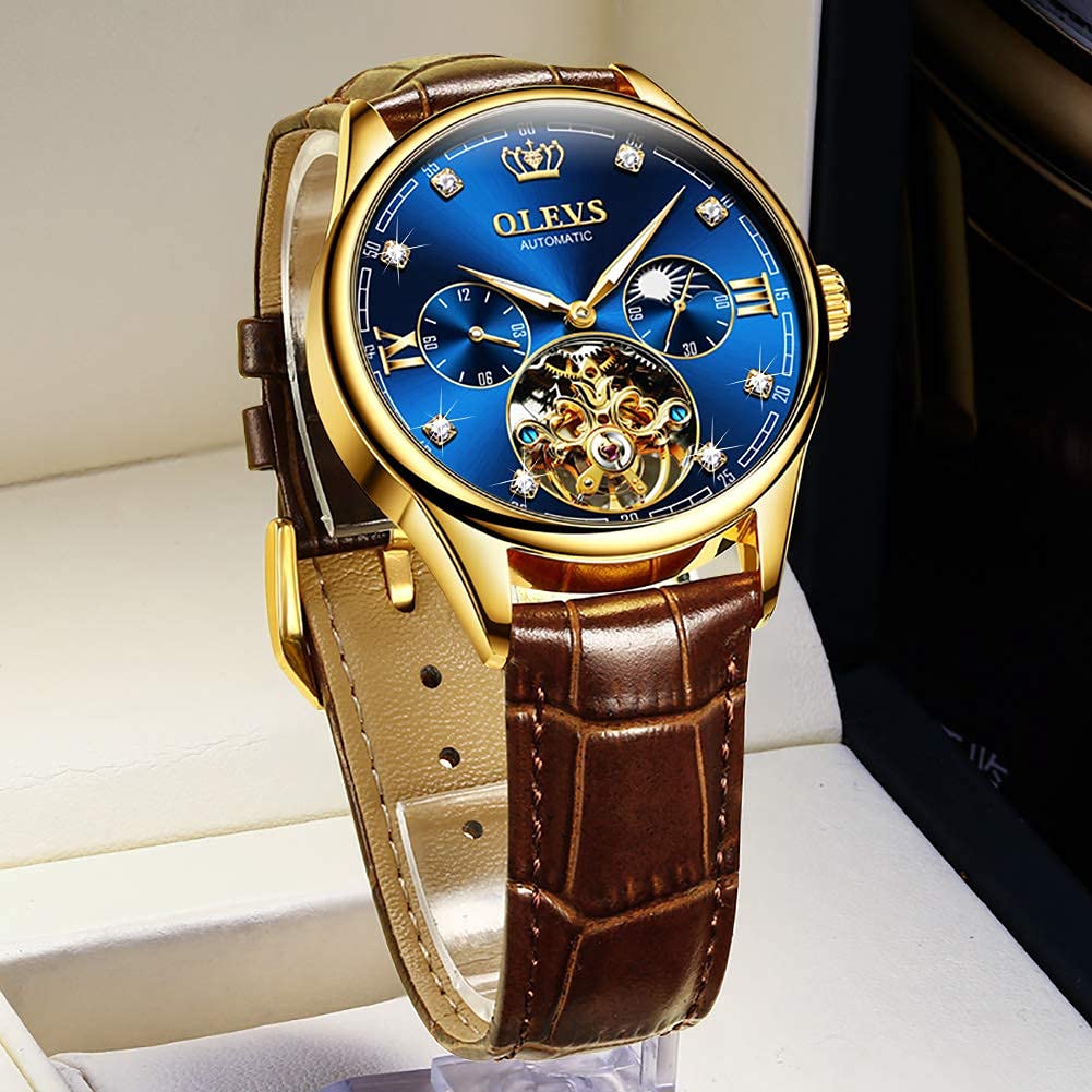 OLEVS Mens Leather Watches Automatic Mechanical Skeleton Tourbillon Diamond Luxury Self Winding Dress Wrist Watches Moon Phase Waterproof Luminous