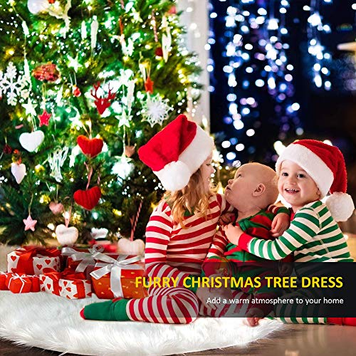 BININBOX Christmas Tree Skirt, 48 Inch Snowy White Faux Fur Xmas Plush Tree Skirt, Winter Large Christmas Tree Mat, Holiday Party Christmas Tree Decorations