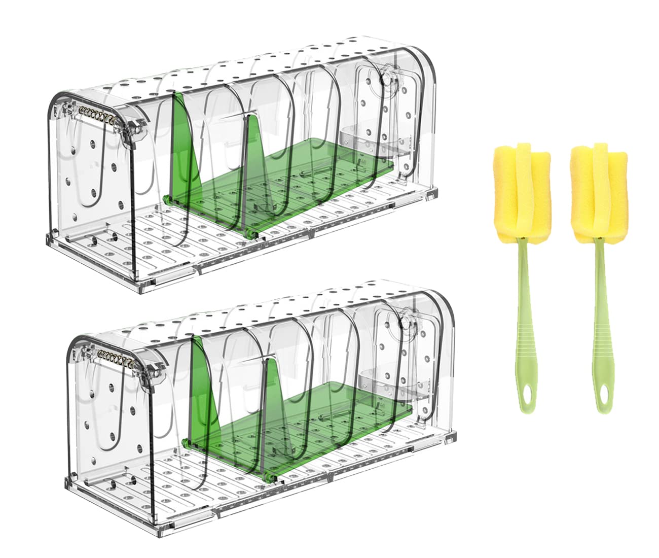 Humane Mouse Trap, 2 Pack No Kill Live Mice Trap for Indoors Outdoors, Reusable Transparent Rodent Trap, Capture Rat Trap for House with 2 Cleaning Brush, Pets & Children Friendly (Transparent)
