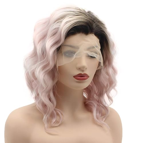 Miniatura 2 de Peluca de cabello rizado corto de 14 pulgadas con raíces oscuras, color rosa degradado, peluca sintética de alta densidad con encaje frontal
