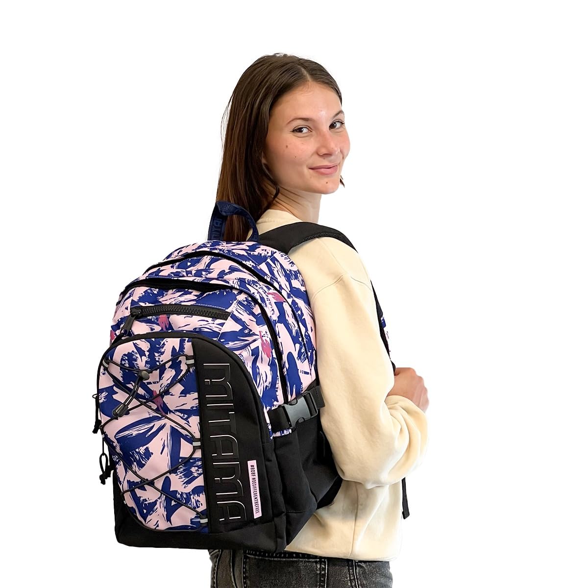 Mitama Zaino Triplo Scomparto Full Flower con Tasca porta PC, Nero e Rosa, Scuola Elementare e Tempo Libero, Bambina Ragazza