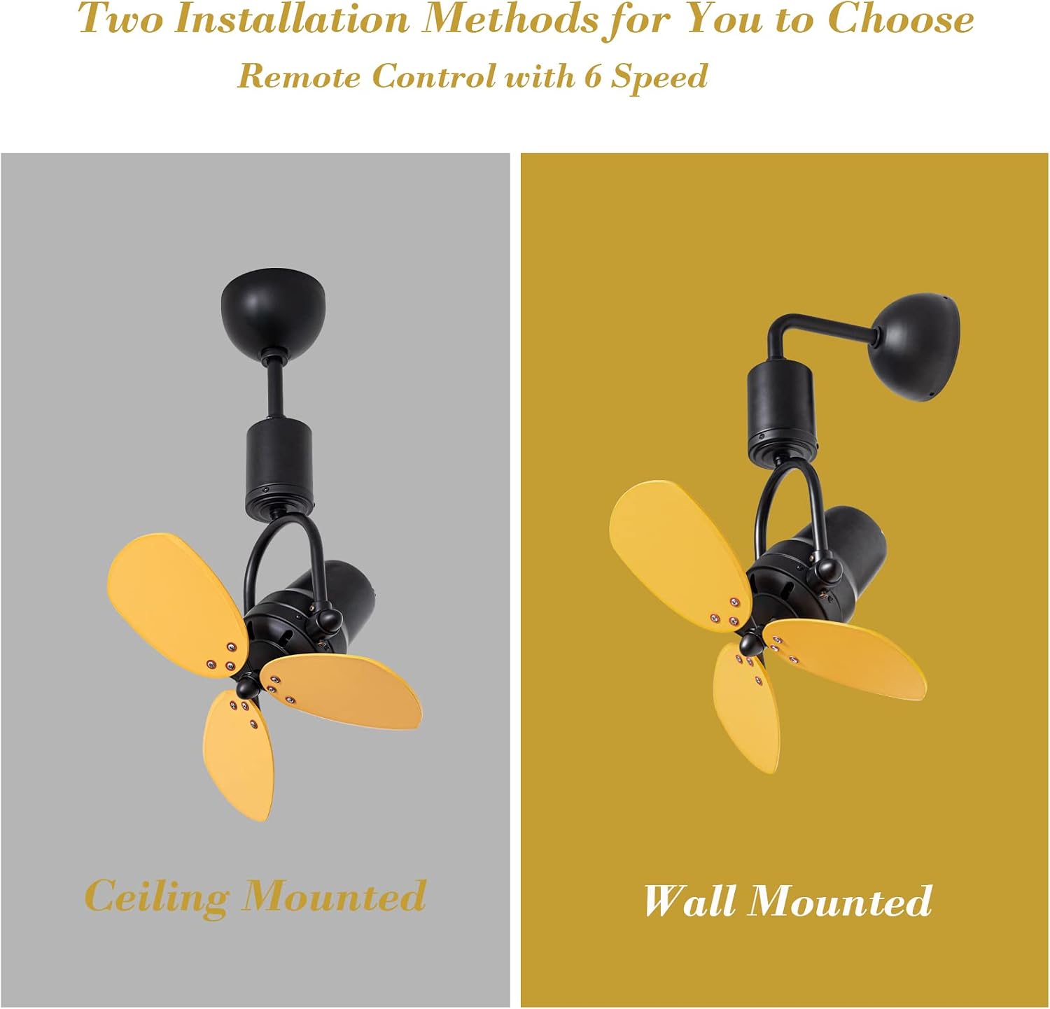 Outdoor Indoor 16” Oscillating Ceiling Fan with with Remote Control, Wall Mount Fan with 6 Speed DC Motor Strong Wind, Dual Mount 3-Blades Small Ceiling Fan Decoration Home, Yellow