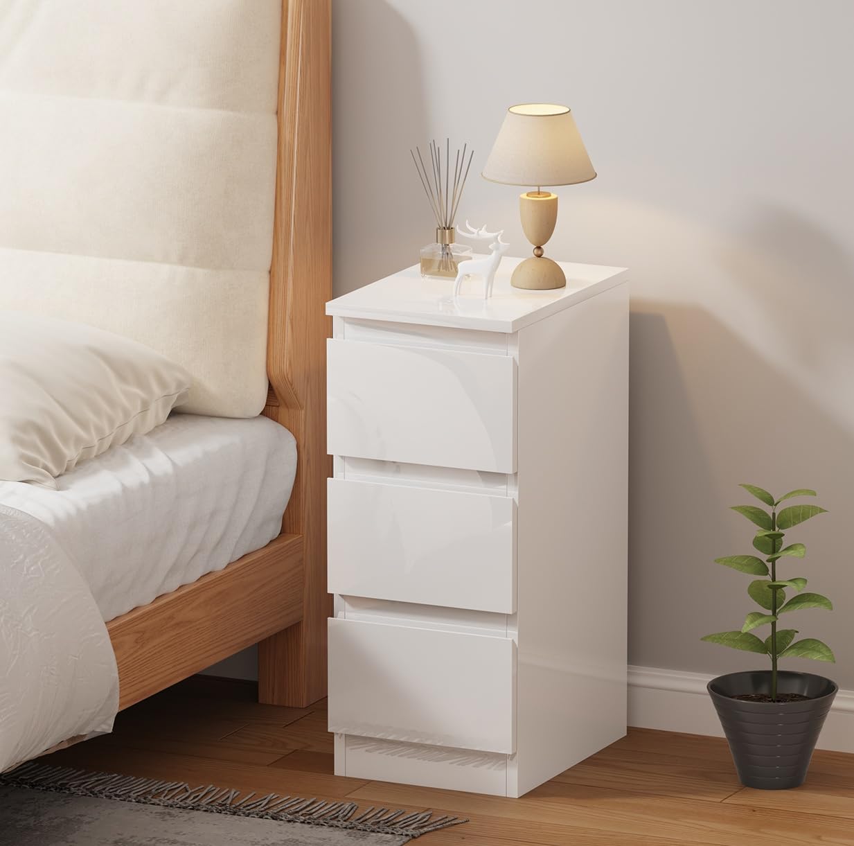 Menaka 25CM Narrow Bedside Table Cabinet, 3 Drawers White Slim Wood Side Table Bed Side Nightstand for Bedroom Living Room — image 1