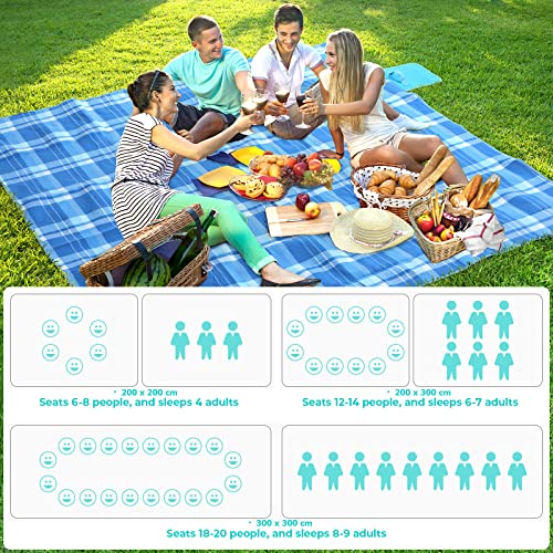 LIFERUN 300x300 cm Picknickdecke XXL, Picknickdecke Wasserdicht mit isoliert Rückseite, Tragegriff, für Camping, Picknick, Wandern, BBQ, Strand, Reisen, bis zu 20 Personen, Blau Kariert
