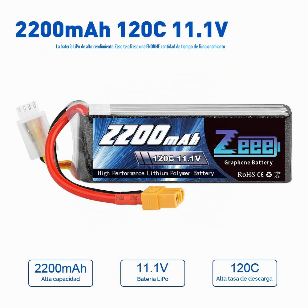 Zeee 3S Lipo Batería 11.1V 2200mAh 120C con Conector XT60 para UAV Drones FPV Bicicleta de Carretera Quadcopters Avión Helicóptero RC Barco (2 Paquetes)