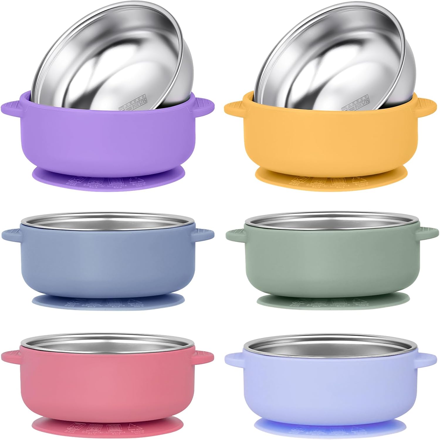 6 Pack 304 Stainless Steel Baby Bowls with Removable, Silicone Bowl, Suction Bowls for Baby, Scald-Resistant Food Containers, for Kids, Babies Food Feeding