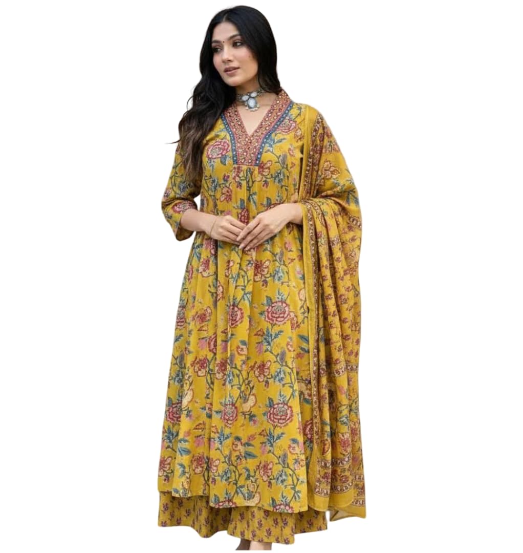Mustard Yellow Floral Rayon Anarkali Kurti Set for Women | A-Line Kurta with Pant & Dupatta | Comfortable Ethnic Wear (S–7XL)-image-49