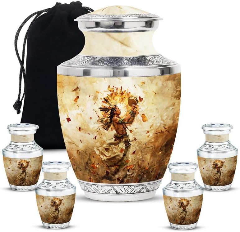 Native American Urns for Human Ashes, Small Decorative Urn, Combo of 1 Large Urn with Velvet Bag and 4 Small, Large Urns for Husband & Wife, Metal Urns, Cremation Urns