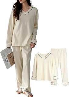 [Baobird] レディース パジャマ ルームウェア 2点 Vネック 上下セット シンプル 長袖長パンツ 柔らかい 薄手 通気 着痩せ カットソー 肌に優しい 体型カバー 無地 ルーズ 大きいサイズ 部屋着 春夏秋