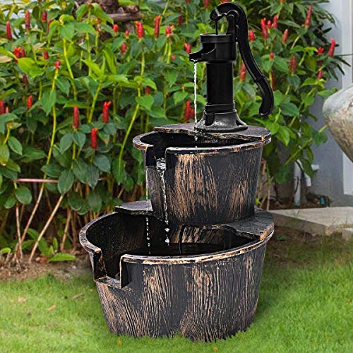 DORTALA 2 Tier Barrel Waterfall Fountain Barrel Water Fountain PumpGarden