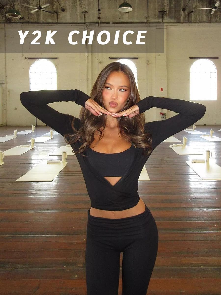 Danysu Ballet Wrap Tops Long Sleeve Cross Tie Crop Shirts Deep V-Neck Dance Clothes Fall Cardigans - Image 3