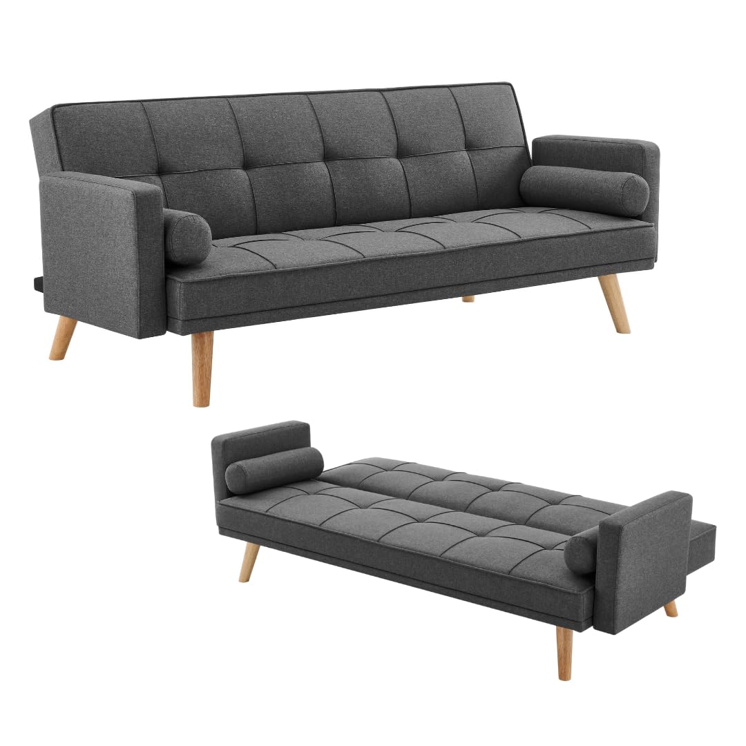 Home Detail Sofa Bed with Click Clack Function - 3 Seater Double Folding Guest Bed Settee with Bolster Cushions in Grey, Charcoal or Mustard Upholstered Fabric (Charcoal)
