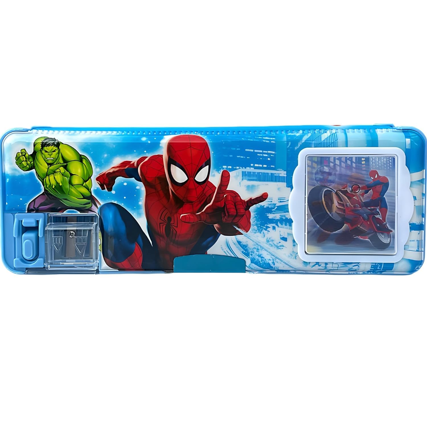 DOANMIZE Plastic Spiderman Magnetic Pencil Box With Calculator & Dual Sharpener For Kids, Big Size Cartoon Printed Pencil Case (Spiderman) (Multicolor)