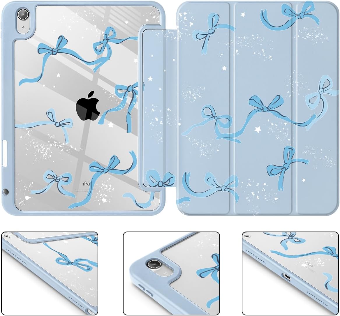 Tuiklol Case for iPad 11 inch (A16 Chip) 2025 Generation 11th / iPad 10.9 inch 2022 10th Gen, Buit in Pencil Holder with Shockproof Cover Clear Transparent Back Shell Auto Wake/Sleep, Bow-Blue - Image 8