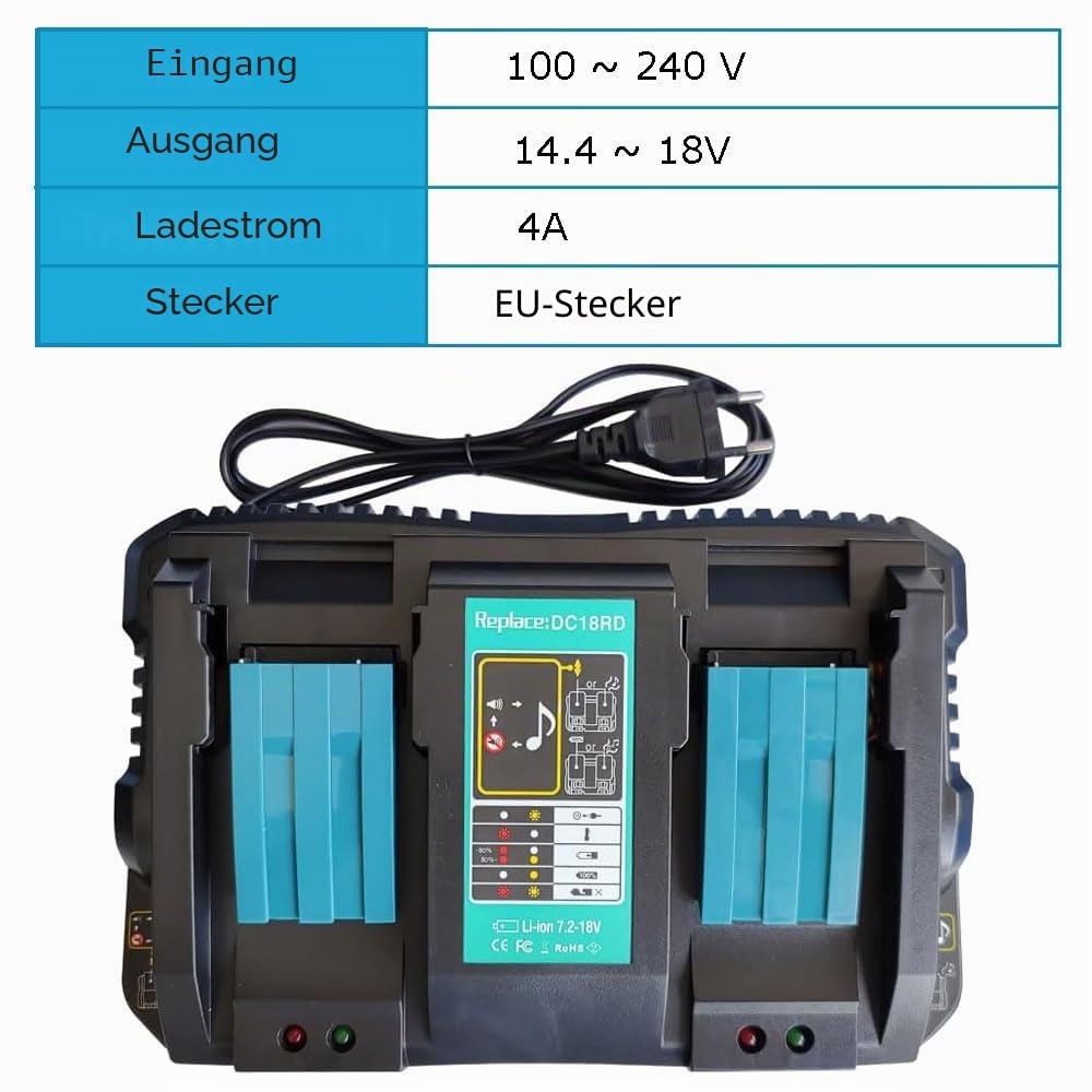 Akku Ersatz für Makita Akku 18V 5Ah 2 Stück BL1850B mit Ladegerät 18V Doppelladegerät DC18RD DC18SF Kompatibel mit Rasenmäher DLM432Z 2 x 18v DUC353 DUC355Z DDF485Z