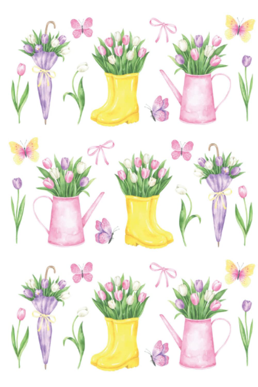 Spring Tulips Rain Boots Umbrella Water Can Notebook Journal Blank Wide Ruled Pages Paper Composition Book Daily Planner Notes
