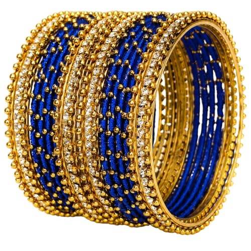 Image of NMII Non-Precious Metal with Base Metal and Zircon Gemstone Studded Ball Chain Linked Glossy Finished Silk thread Bangle set for Women and Girls