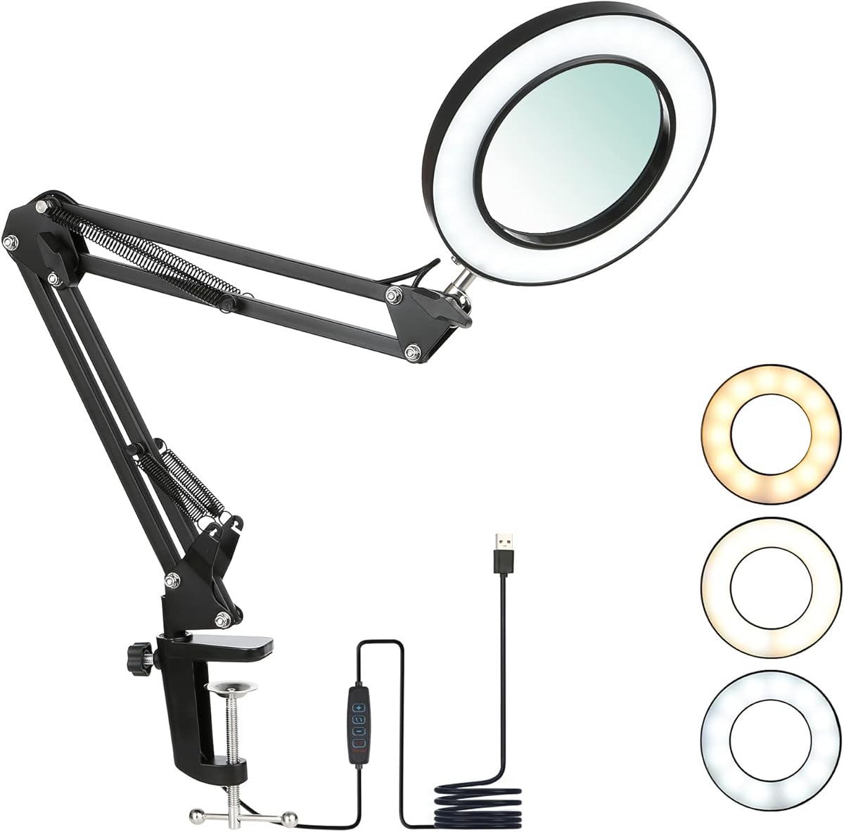 Lámpara de Aumento LED 8X con luz,Tom-Shine lámparas de Lupa con Abrazadera iluminadas alimentada por USB de 3 Colores Bright Regulables ，Brazo Giratorio Ajustable para Coser