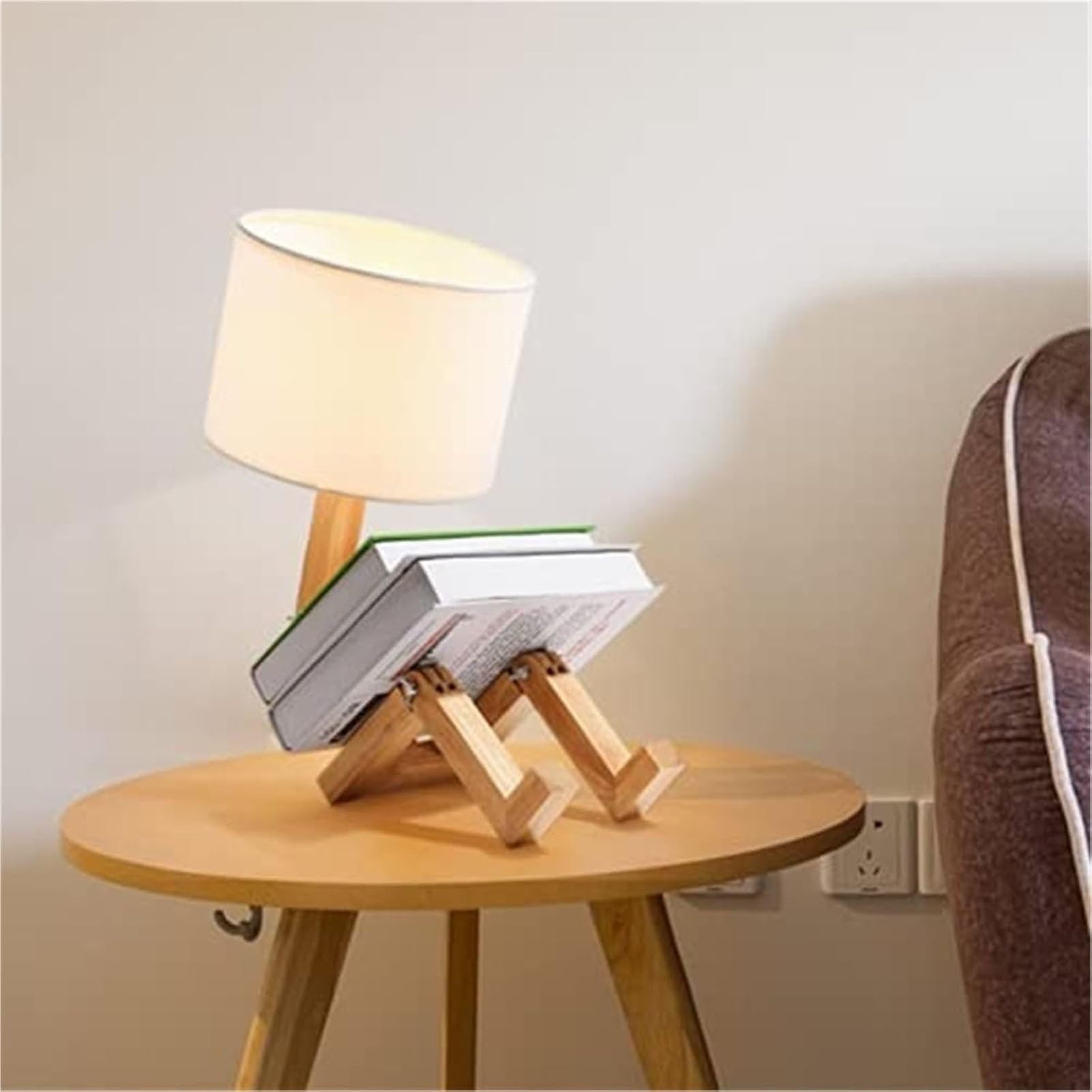 Urocza lampa biurkowa robota, kreatywne lampki nocne, posiada podstawę lampy E27, z kloszem z tkaniny, składanym drewnianym korpusem, do gabinetu, biura, salonu oświetlenie dekoracyjne