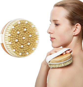 Dry Brushing Body Brush with Soft Grip Natural Boar Bristles for Lymphatic Drainage,Cellulite Treatment,Skin Exfoliation Organic Spa Quality Body Scrubber,Massager for Shower and Dry Brushing