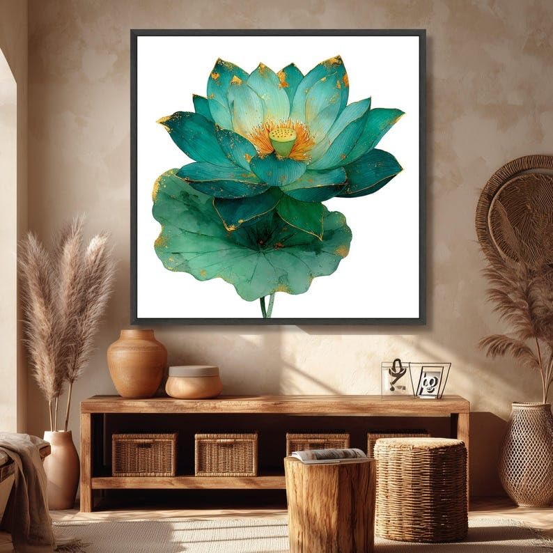 Fleur de lotus turquoise décoration salon grand tableau abstrait - 2