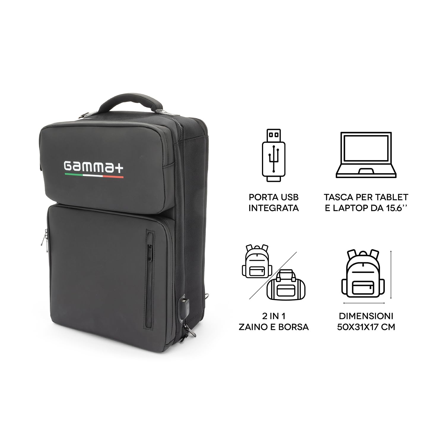 GAMMA+ Sac à Dos de Barbier, Sac à Dos de Barbier Professionnel, Sac de Coiffeur pour Tondeuse, Sèche-Cheveux, Ciseaux, Sac d'Outils de Coiffeur, Port USB, Imperméable, Noir.