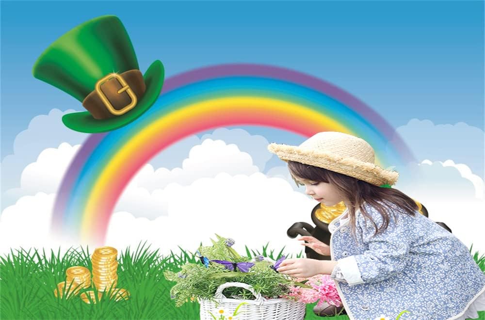 Haosphoto Happy St.Patrick's Day Backdrop 7X5FT Vinyl Lucky Irish Shamrock Backdrops Pot of Gold Leprechauns' Hat Golden Coins Rainbow Grass Meadow Photography Background for Photo Studio Prop QB233 - Image 5