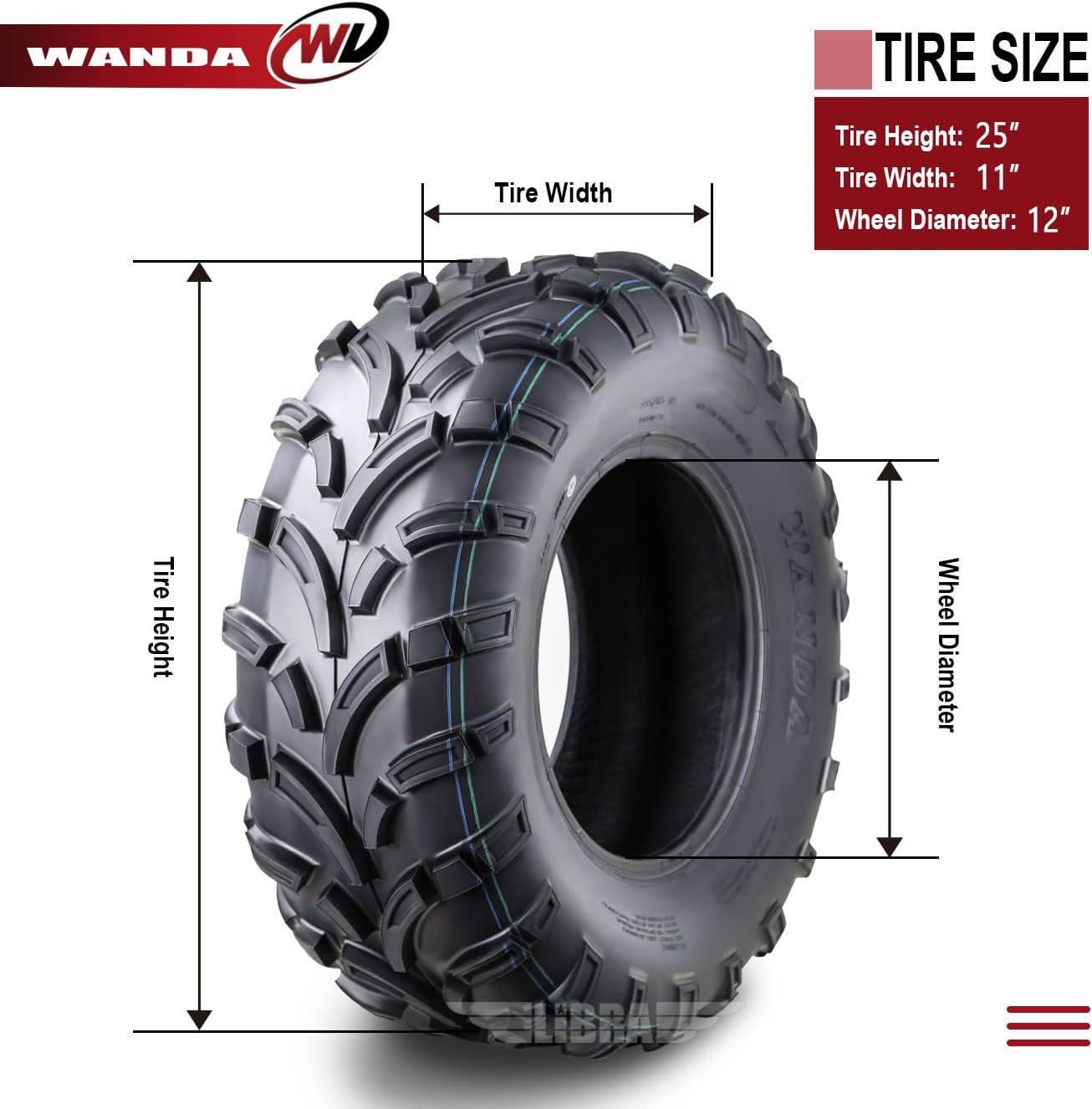 WANDA 2 New ATV Tires 25x11-12 25x11x12 /6PR P373A High Load - 10210