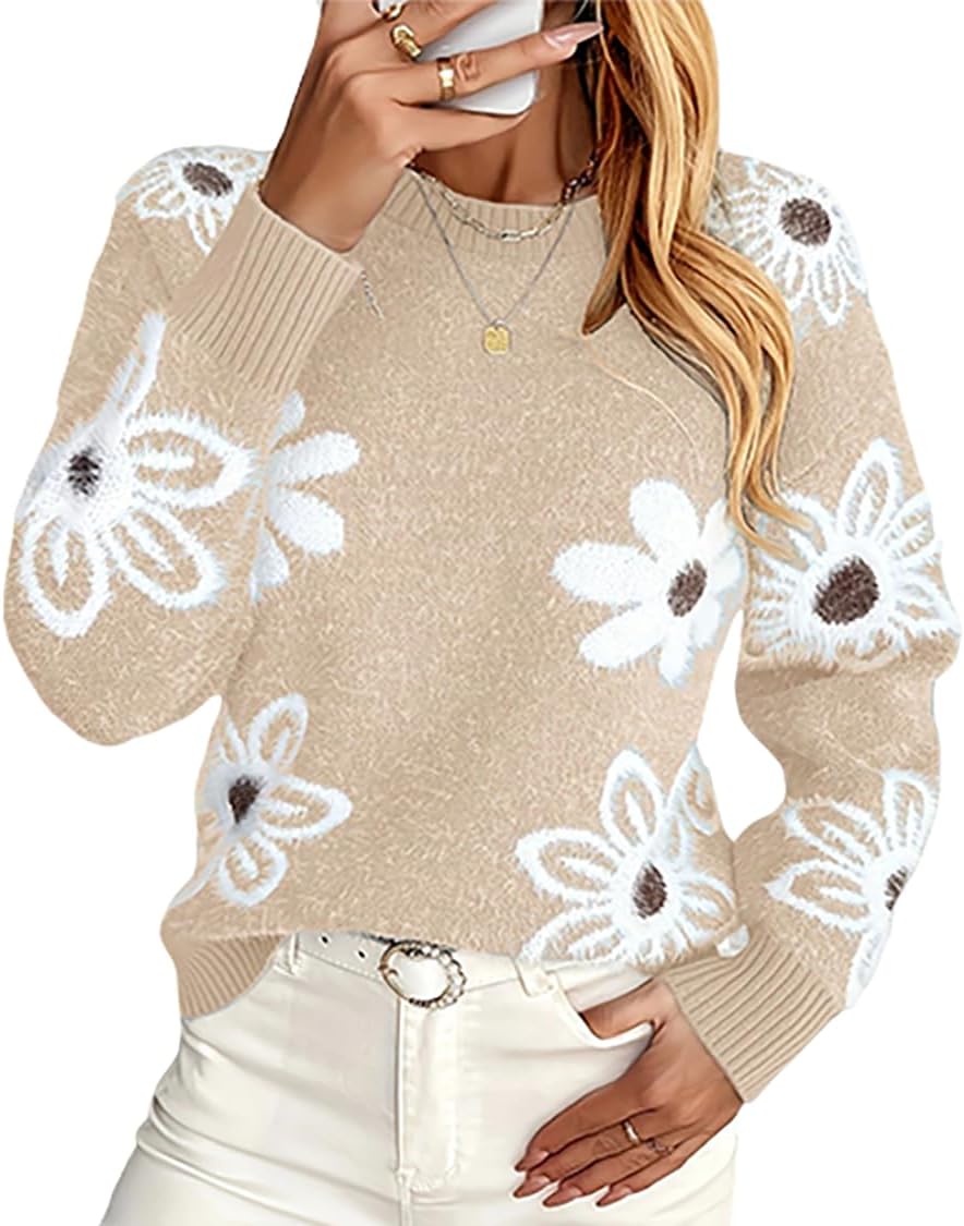 Womens Long Sleeve Floral Graphic Sweaters, Crewneck Ribbed Knit Pullover Tops Loose Fit Trendy Casual Outfits
