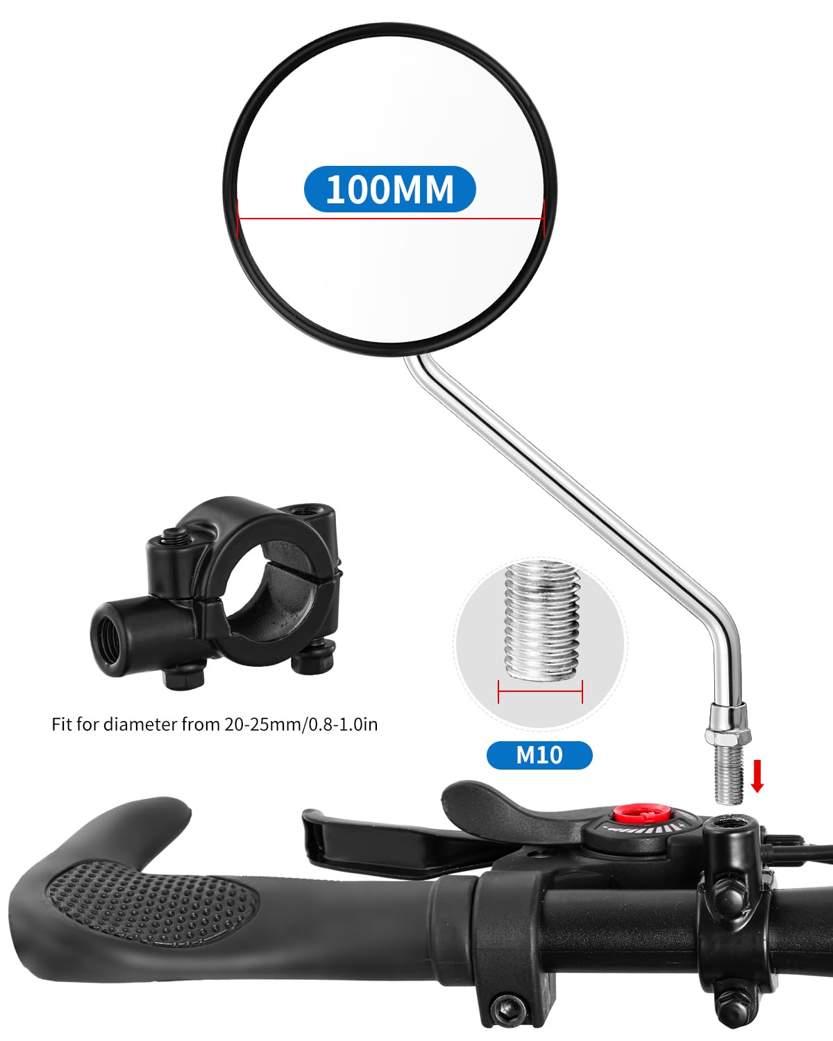 Specchio retrovisore per manubrio bicicletta, universale regolabile rotabile vintage sicuro trasparente per mountain bike, bici da strada, e-bike, motocicletta, scooter (Nero (2 pezzi/10 mm bullone))