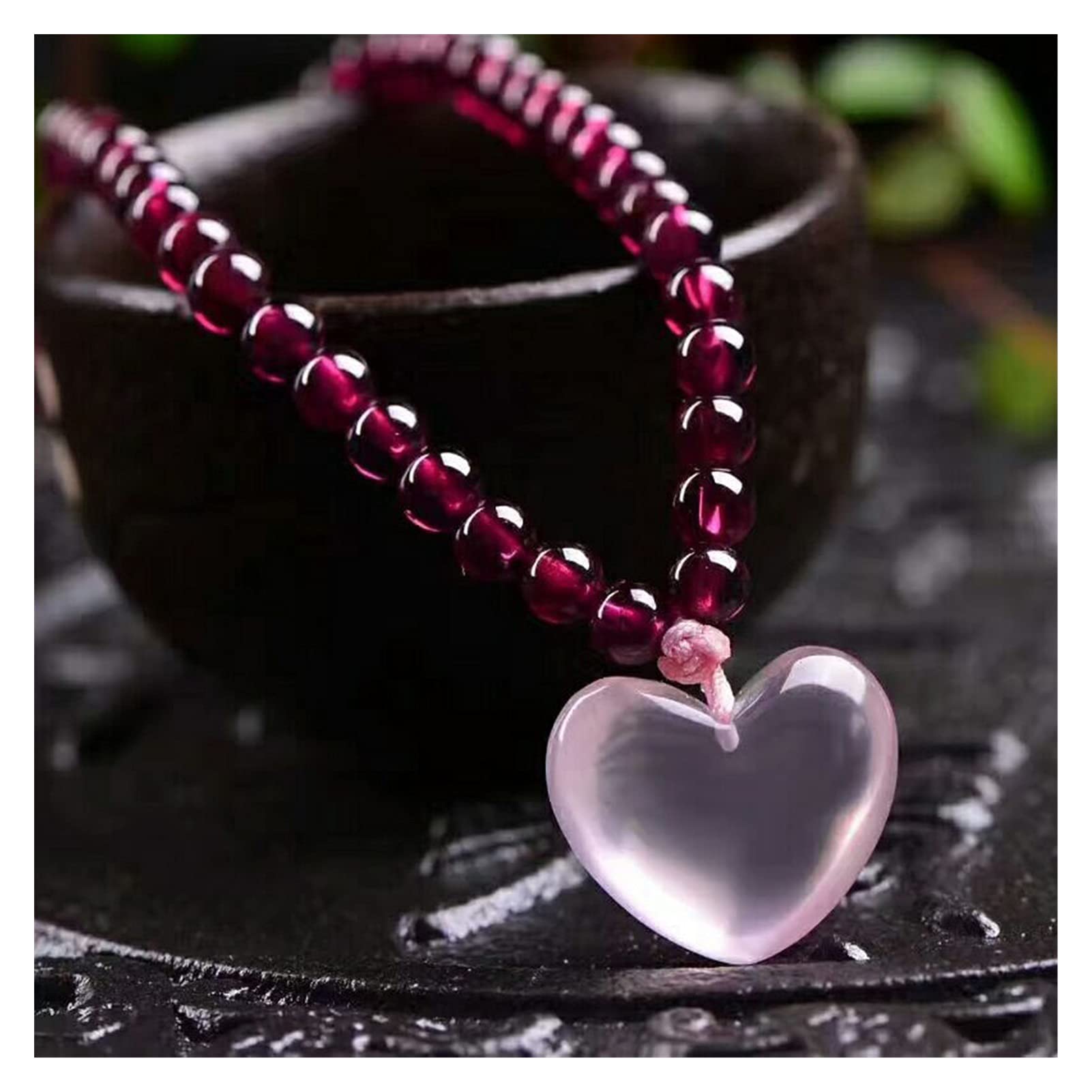 CCXXYGWJ Pulseras Pulseras Piedra Granate Natural Perla Roja Vino con Colgante de corazón Rosa Pulsera para Mujer Joyas Multicapa de Cristal