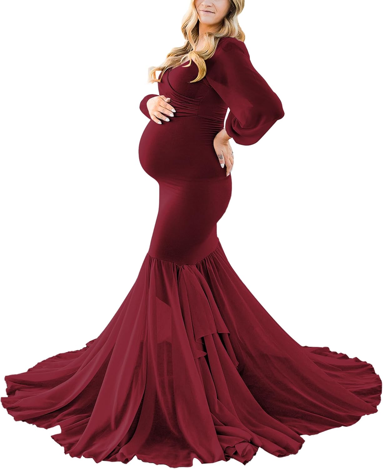 Saslax Long Chiffon Sleeve Tired Mermaid Maternity Dress for Photoshoot Photography Baby Shower