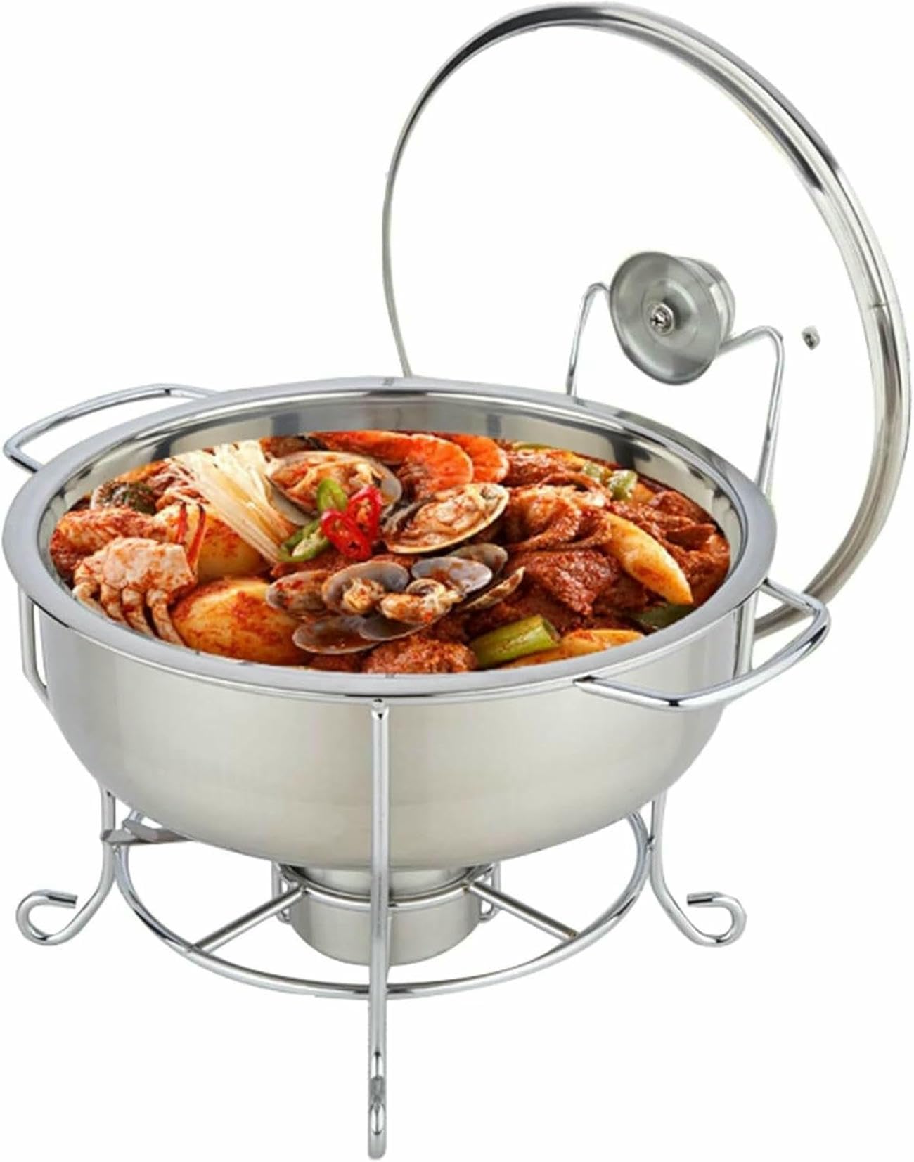 Set di piatti da buffet rotondi in acciaio inox con coperchio in vetro, da 3,5 l a 8 l, include piattaforma e scaldavivande per cene, ideale per feste e catering