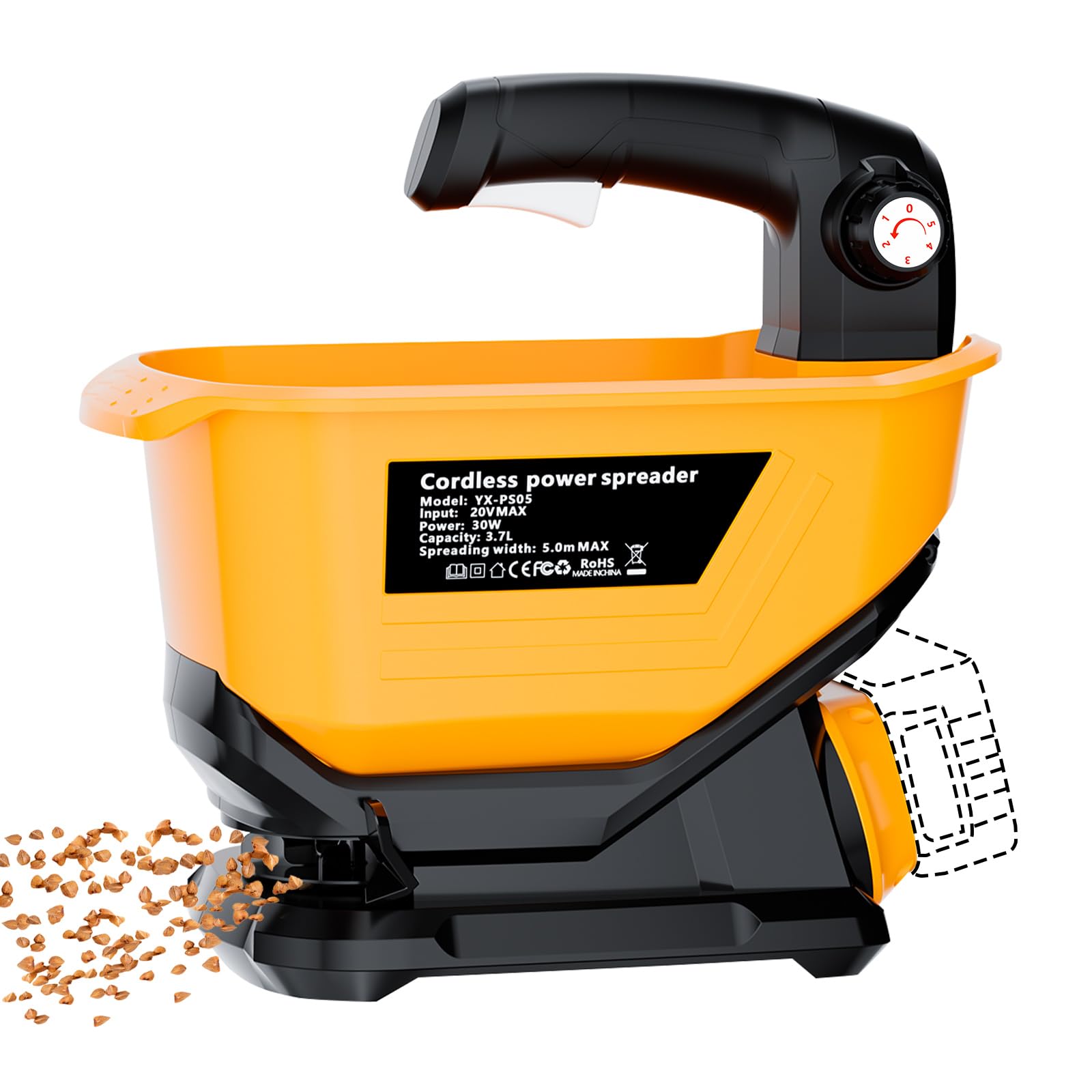 Seed Spreader Fertilizer Grass Seed Spreader Cordless Compatible with Dewalt 20V Battery, Salt Spreader for Snow 3.7L Handheld, All-Season Use [ Battery Not Included ]