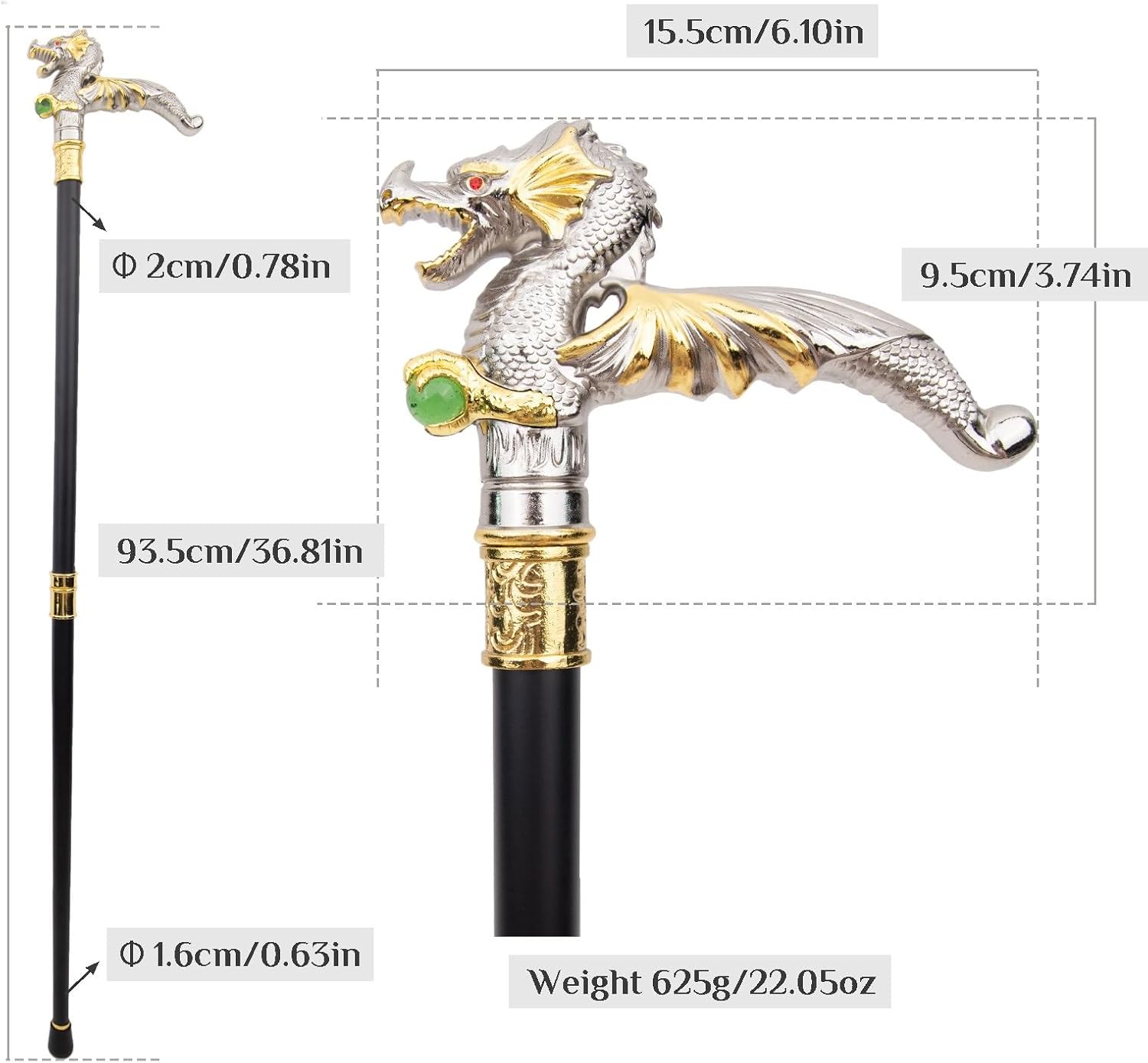 White Gold Dragon Holding a Ball Walking Cane, Fashion Decorative Walking Stick Gentleman Elegant Cosplay Cane Knob Crosier 93cm