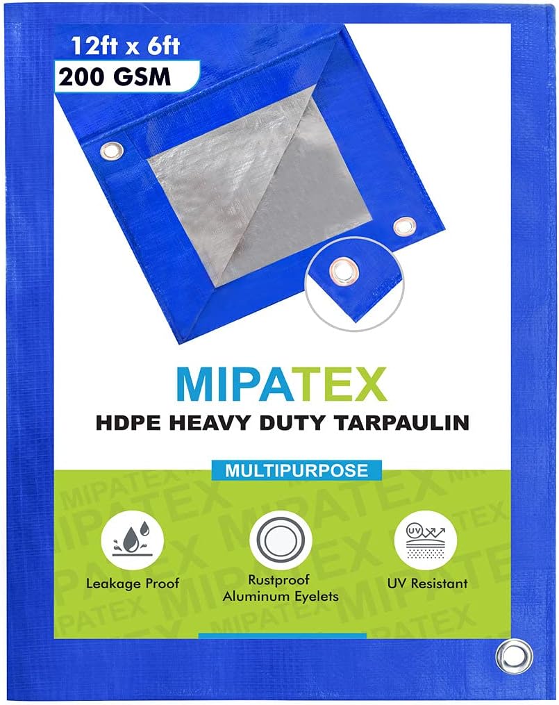 Mipatex Tarpaulin Sheet Waterproof Tirpal Heavy Duty 12ft x 6ft, Poly Tadpatri with Aluminium Eyelets Every 3 feet - Multipurpose 200 GSM Plastic Cover Tharpai for Truck, Home Roof, Rain (Blue/Silver)