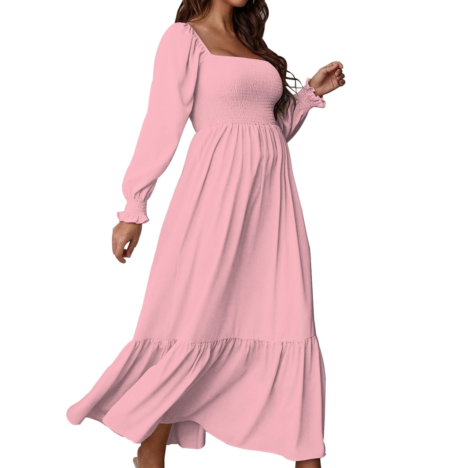 FWAY Vestido Largo para Mujer, Vestido de Verano, Vestido de Flores, Elegante Cuello Cuadrado, Vestido de Noche, Volantes, Vestido de Ocio
