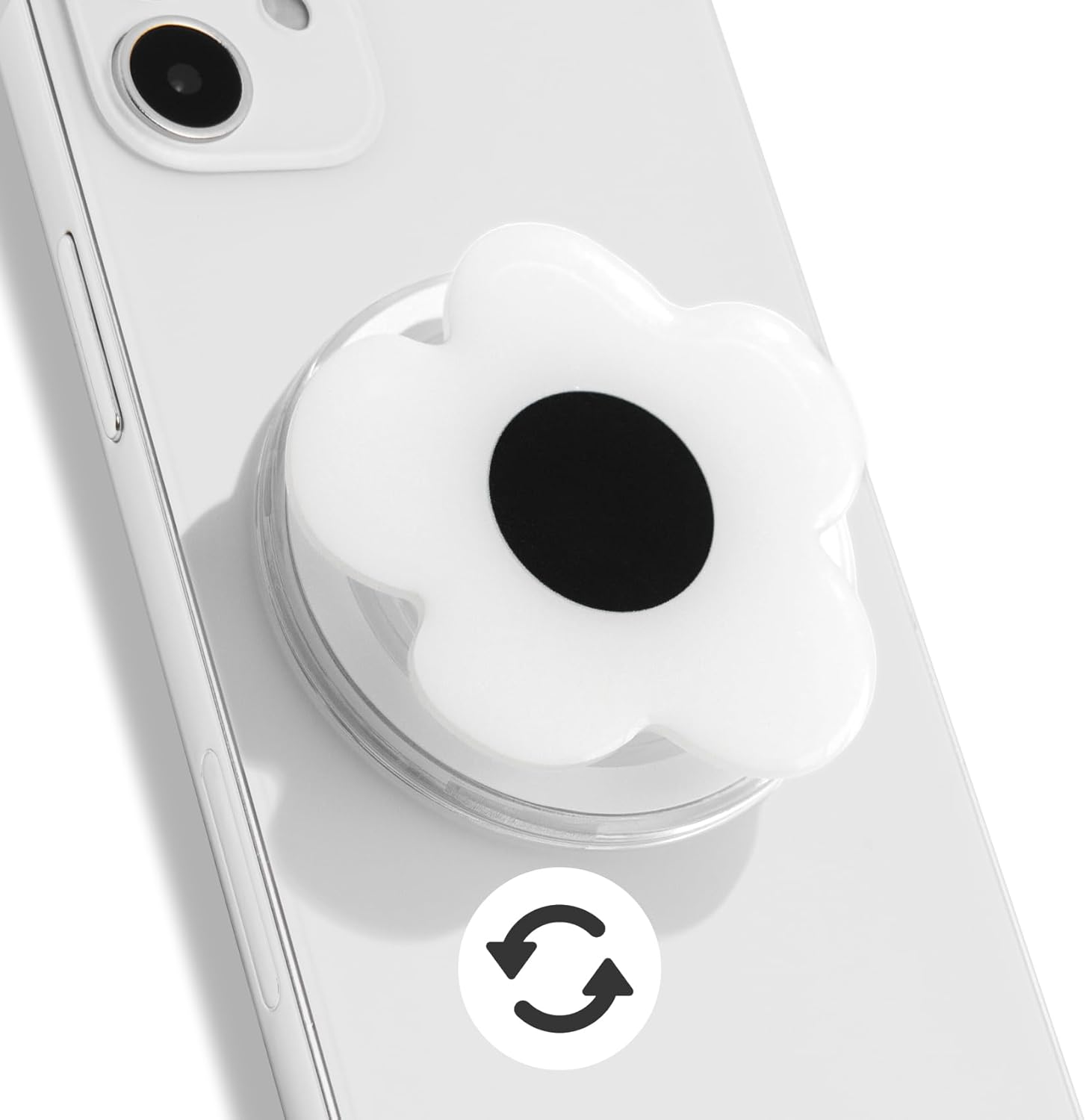 Daisy Phone Grip with Fidget Spinner – MagSafe Compatible, Floral Design, Slim and Lightweight, Magnetic Grip and Stand for iPhone (White Black)