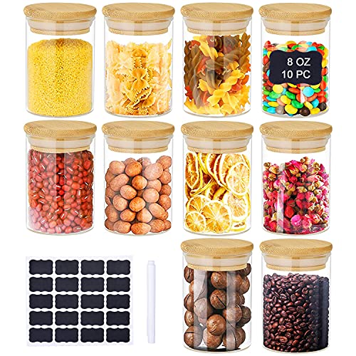 Glass Spice Jars 8oz,10 Set Glass Jars with Bamboo Airtight Lids, Glass Storage Containers for Kitchen and Home, Spices, Candy, Coffee, Tea, Cookies, Sugar Glass Food Canisters