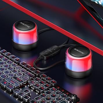Coverzone Borofone Çiftli RGB Işıklı Kablolu veya Kablosuz Stereo Speaker Bluetooth Hoparlör Taşınabilir Hoparlör Ofis ve Ev TV ve Bilgisayar için Kablosuz Hoparlör BP12