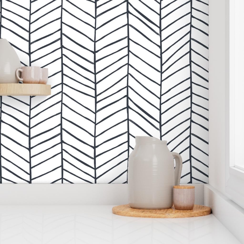Removable Wallpaper 6ft x 2ft - Herringbone, Black and White, Feather, Chevron, Geometric, Large Scale Custom Pre-Pasted Wallpaper by Spoonflower